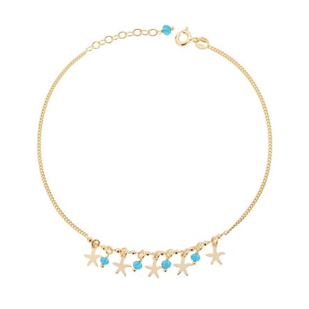 Cavigliera Catena Grumetta Diamantata con Stelle Marine plain e Crystal Azzurri pendenti in ARGENTO 925 Galvanica Oro