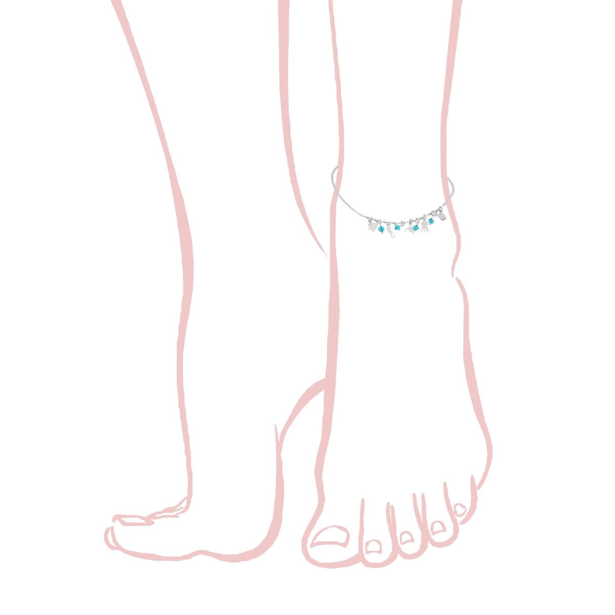 Cavigliera Catena Grumetta Diamantata con Delfino Pesce Polipo Cavalluccio Marino e Crystal Azzurri pendenti in ARGENTO 925 Galvanica Rodio