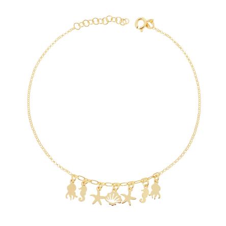 Cavigliera Catena Rolo Diamantata con Conchiglia Polipo Cavalluccio Marino e Stella Marina pendenti in ARGENTO 925 Galvanica Oro