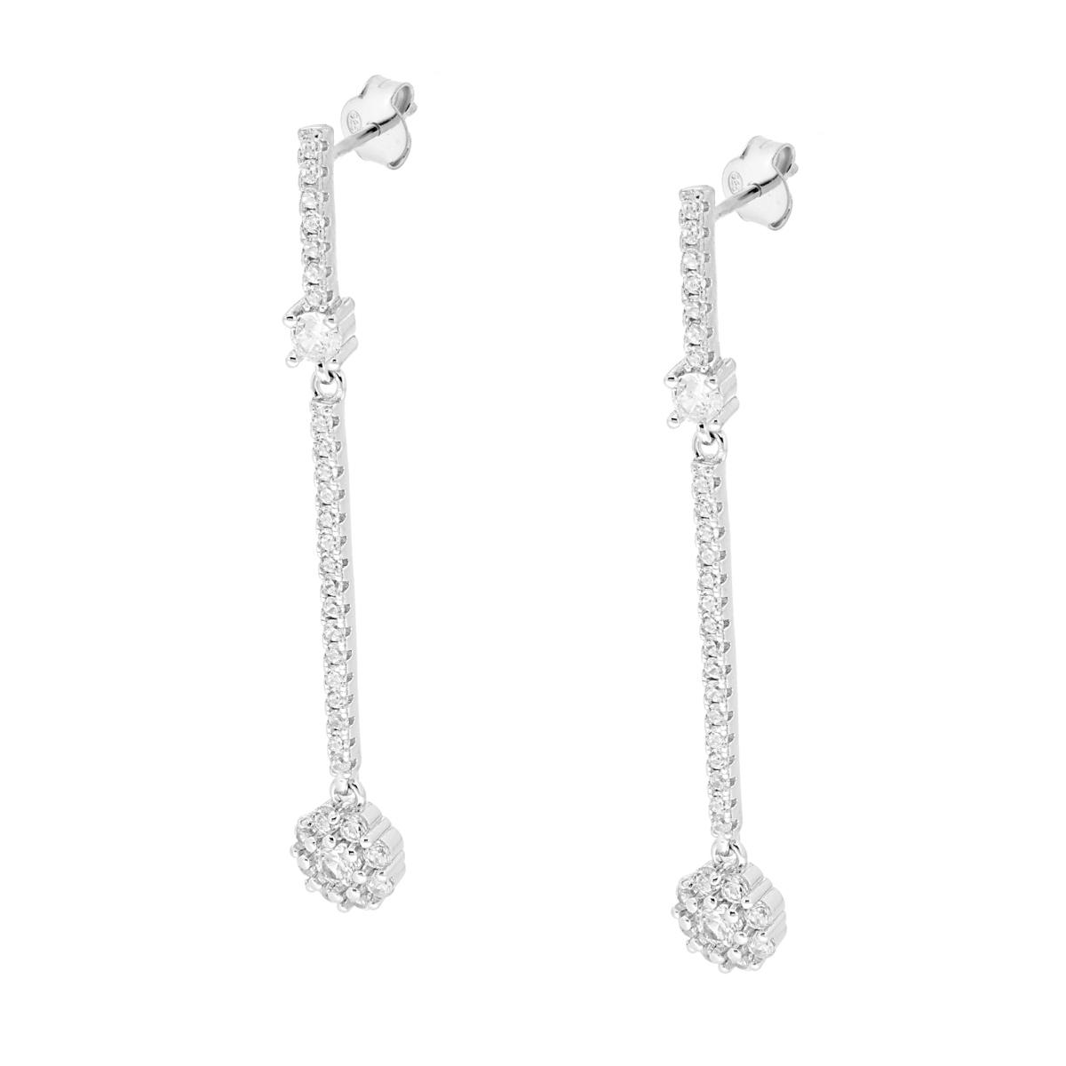 Orecchini Lunghi Fiore e Barrette pendenti con Zirconi Bianchi in ARGENTO 925 Galvanica Rodio