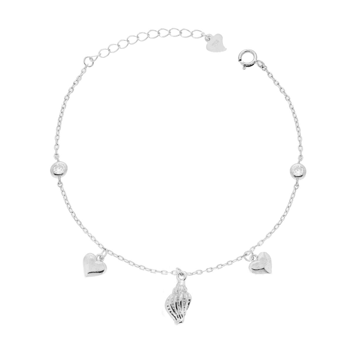 Bracciale Catena Forzatina Diamantata con Conchiglia Cuori pendenti e Zirconi Bianchi in ARGENTO 925 Galvanica Rodio