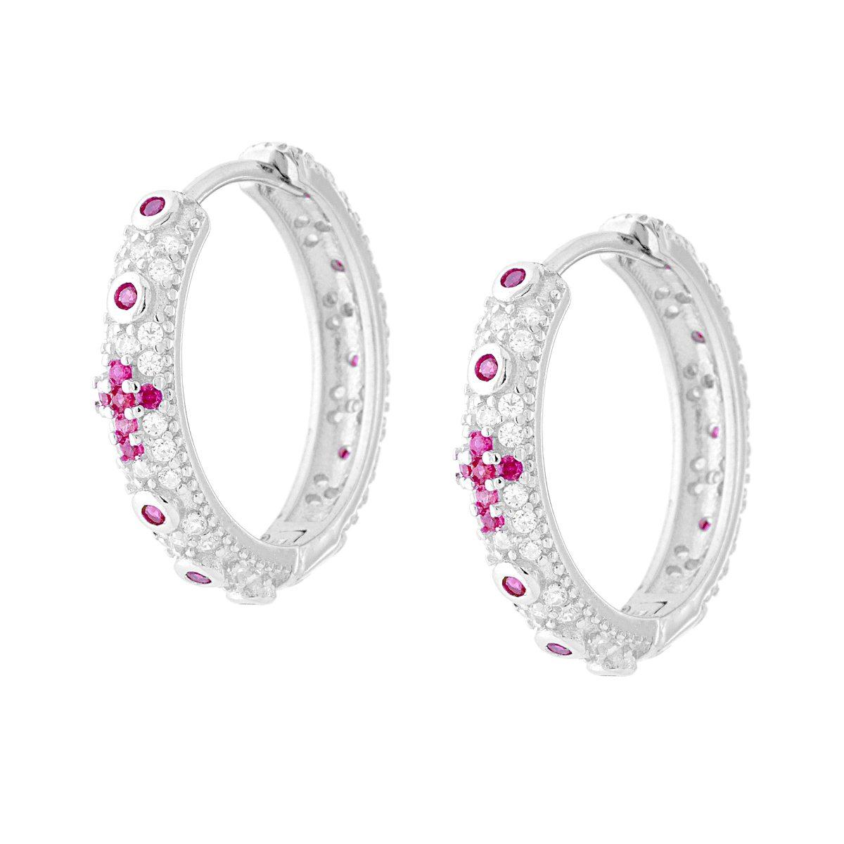 Orecchini Cerchio Rosario Rosso Rubino con Zirconi Bianchi in ARGENTO 925 Galvanica Rodio