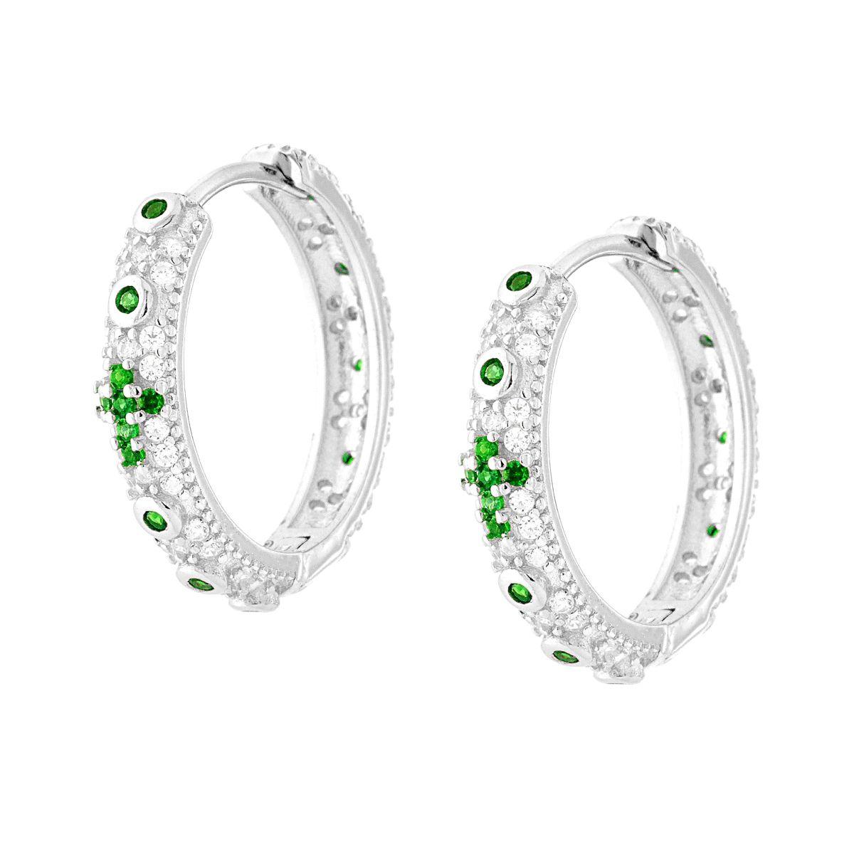 Orecchini Cerchio Rosario Verde Smeraldo con Zirconi Bianchi in ARGENTO 925 Galvanica Rodio