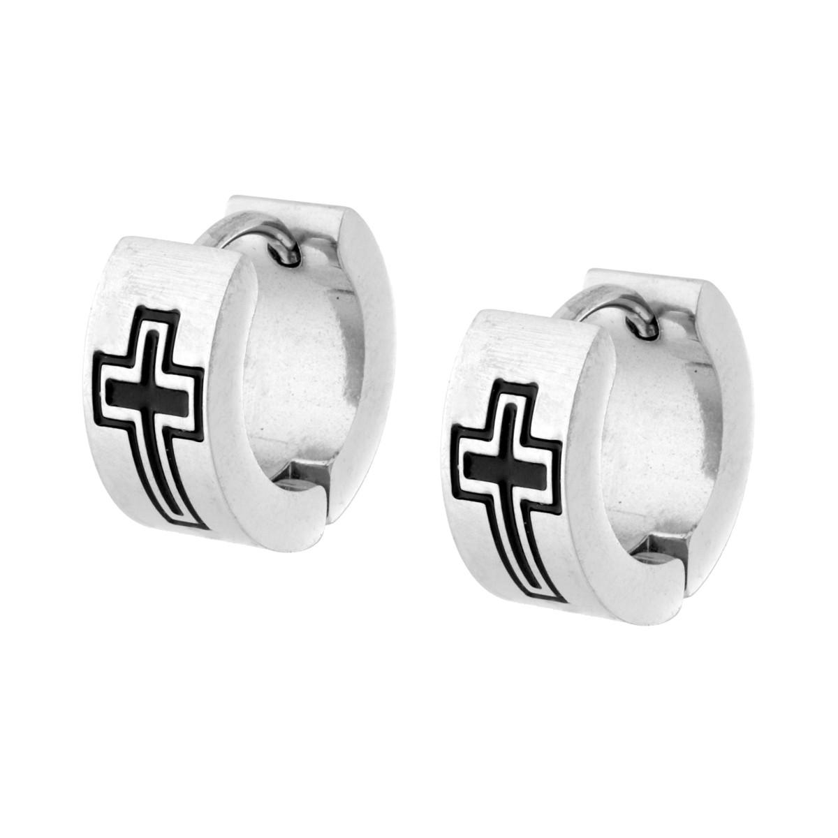Orecchini Cerchio con Croce smalto Nero in ACCIAIO