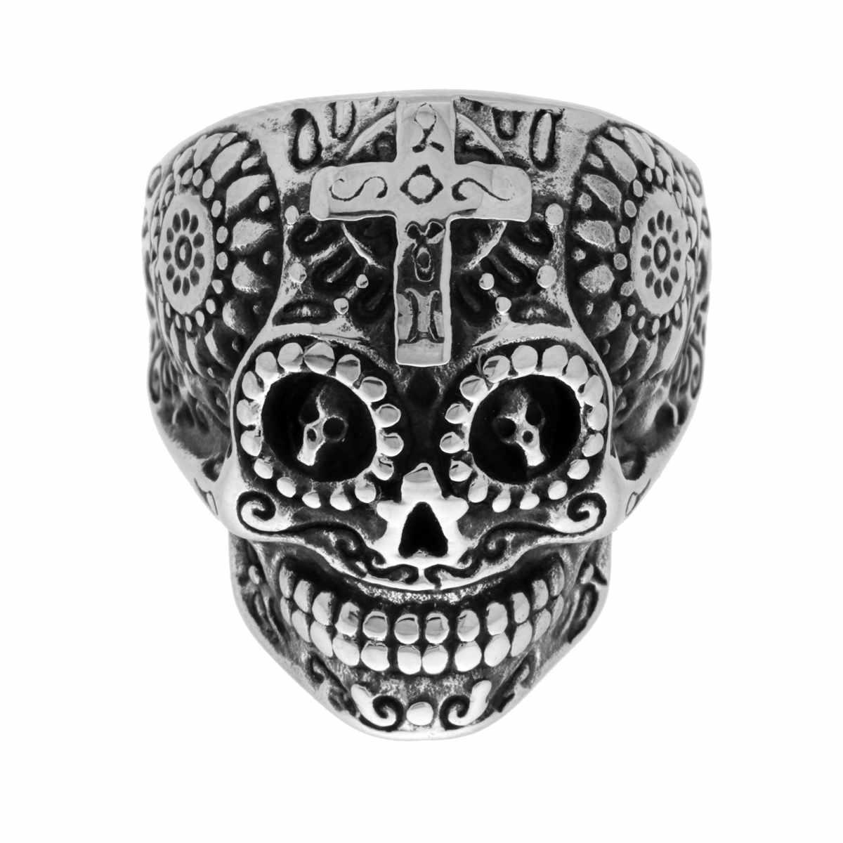 Anello Chevalier Teschio Messicano con Decori Laterali in ACCIAIO Brunito