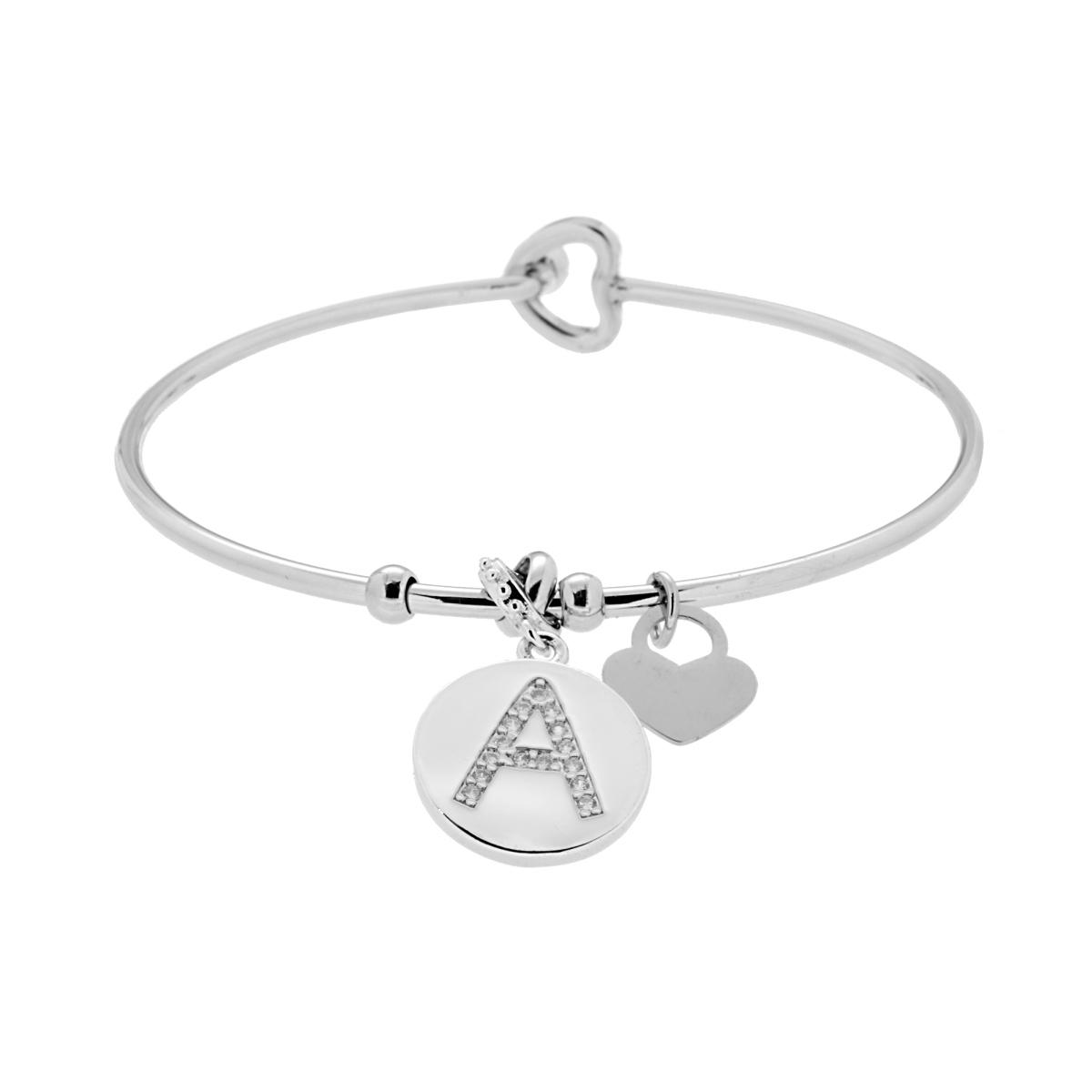 Bracciale Rigido Lettera Iniziale con Crystal Bianchi e Cuore Pendente in ACCIAIO