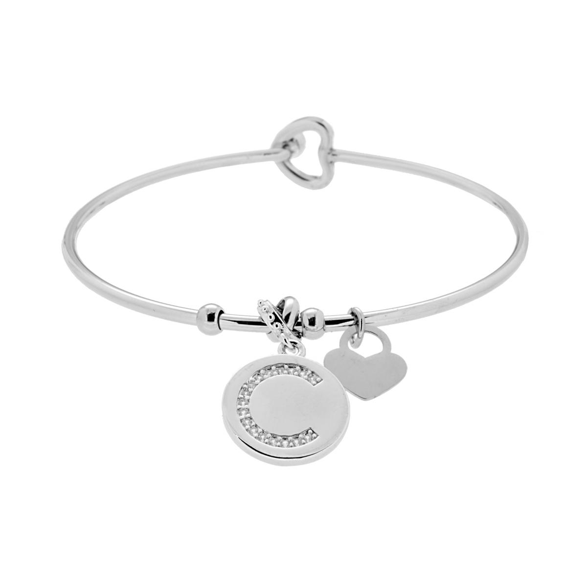 Bracciale Rigido Lettera Iniziale con Crystal Bianchi e Cuore Pendente in ACCIAIO