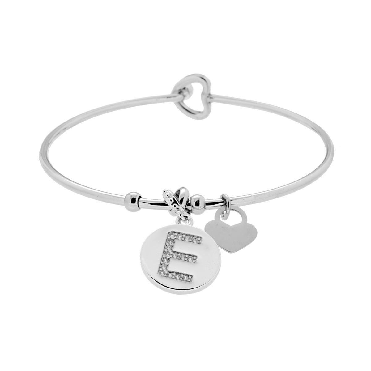 Bracciale Rigido Lettera Iniziale con Crystal Bianchi e Cuore Pendente in ACCIAIO