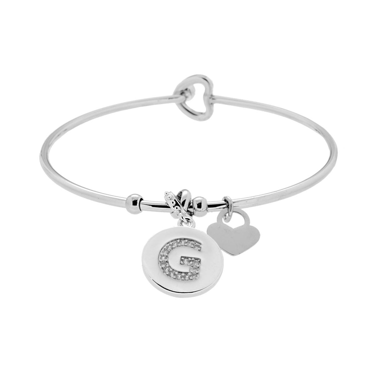 Bracciale Rigido Lettera Iniziale con Crystal Bianchi e Cuore Pendente in ACCIAIO