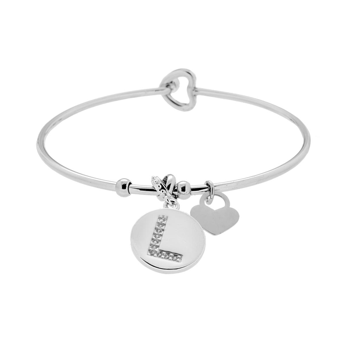 Bracciale Rigido Lettera Iniziale con Crystal Bianchi e Cuore Pendente in ACCIAIO