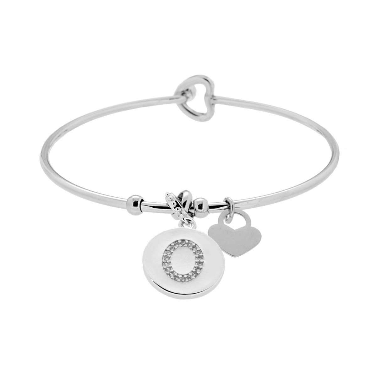 Bracciale Rigido Lettera Iniziale con Crystal Bianchi e Cuore Pendente in ACCIAIO