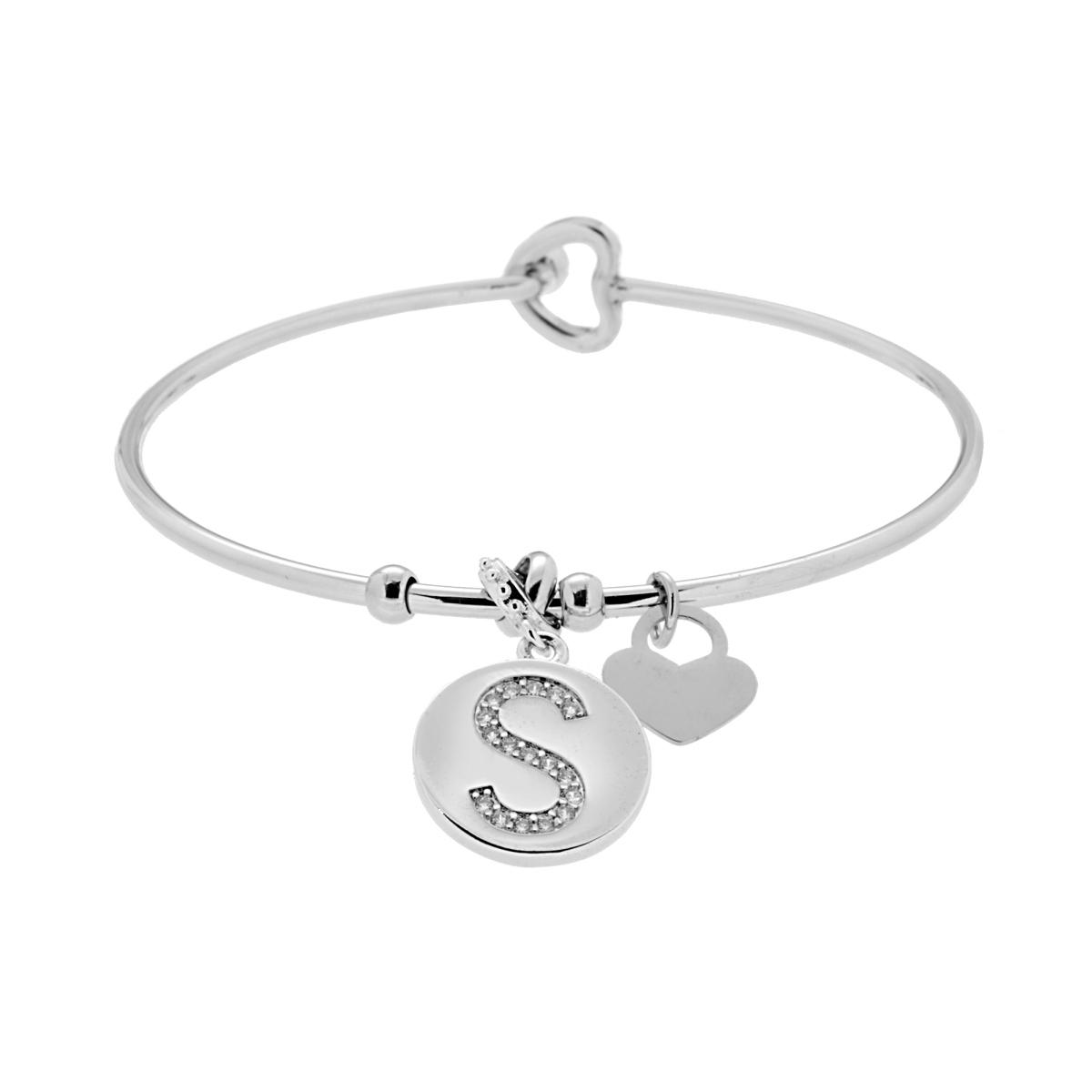 Bracciale Rigido Lettera Iniziale con Crystal Bianchi e Cuore Pendente in ACCIAIO