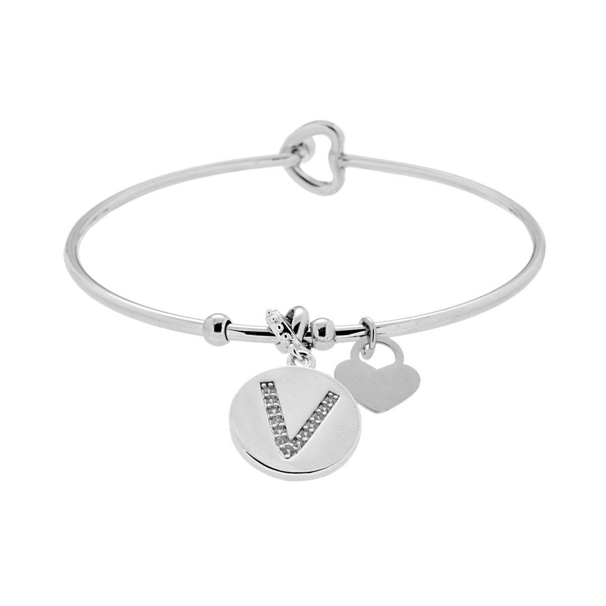 Bracciale Rigido Lettera Iniziale con Crystal Bianchi e Cuore Pendente in ACCIAIO