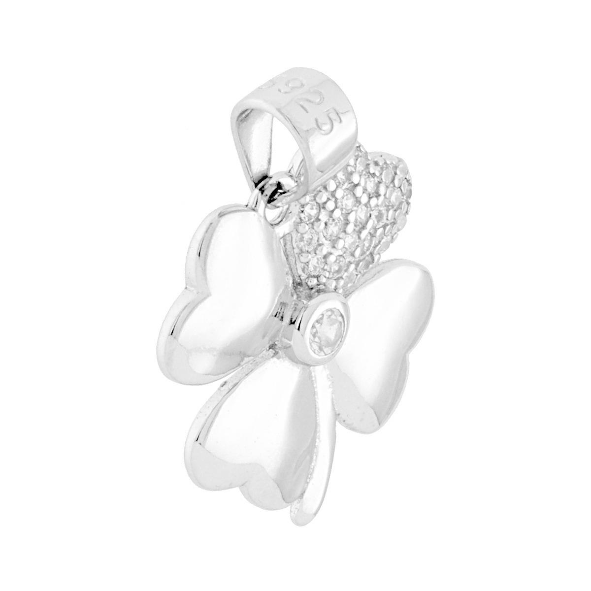 Ciondolo Quadrifoglio Cuori con Zirconi Bianchi in ARGENTO 925 Galvanica Rodio