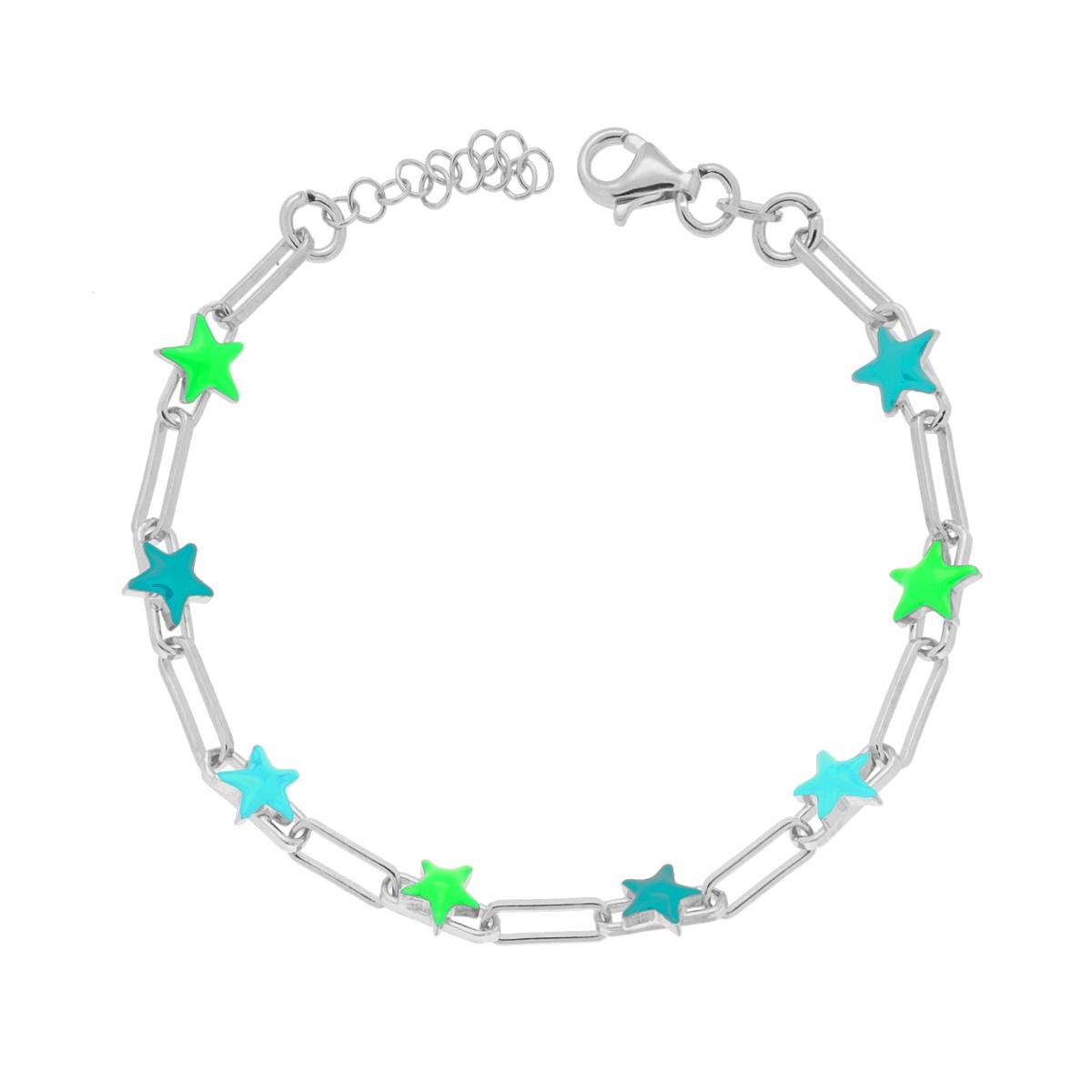 Bracciale Catena Forzatina Allungata con Stelle smalto multicolor in ARGENTO 925 Galvanica Rodio