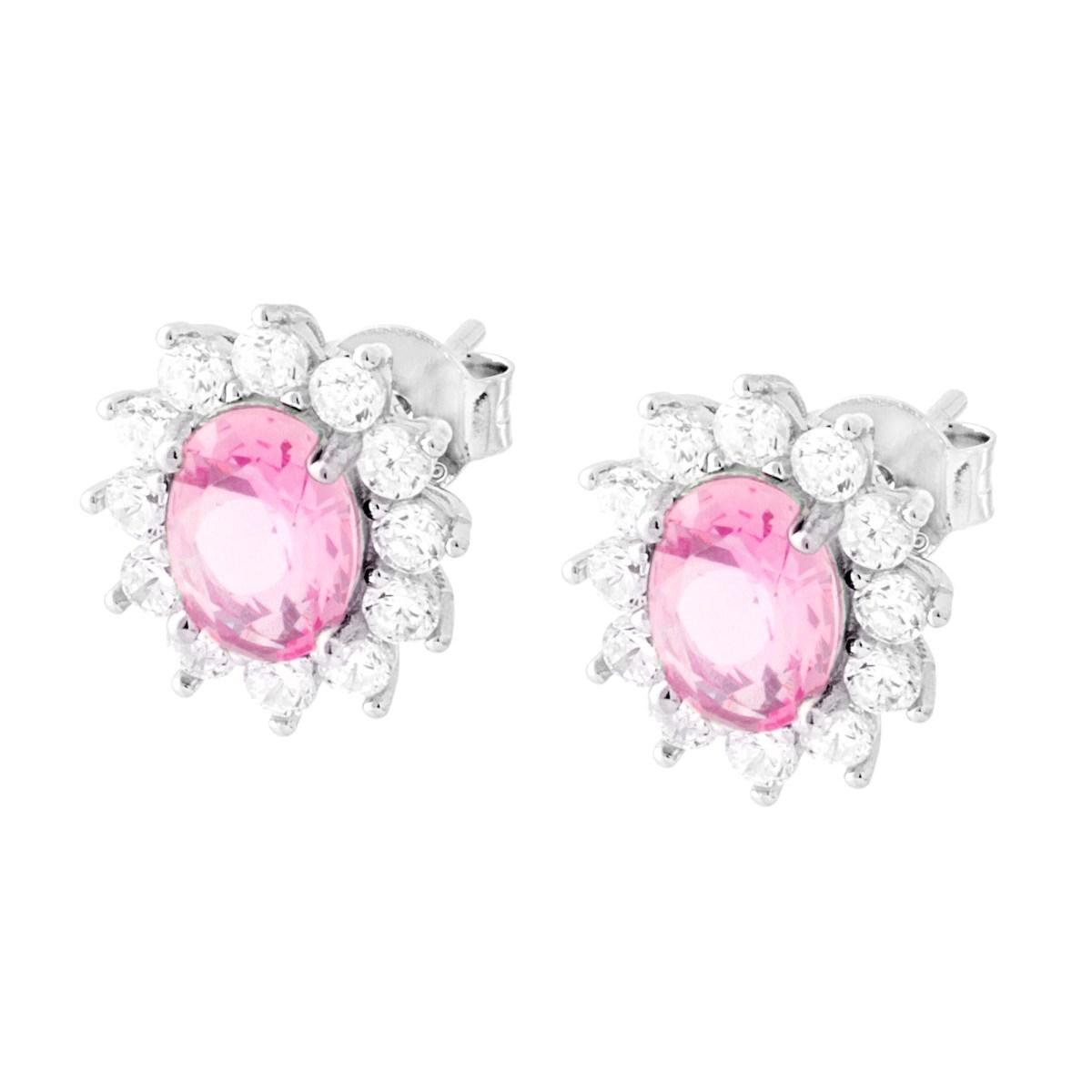 Orecchini Ovale Zircone Rosa contornato da Zirconi Bianchi in ARGENTO 925 Galvanica Rodio