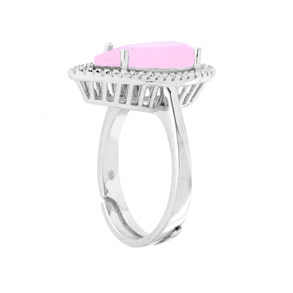 Anello Goccia con Pietra Rosa sfaccettata contornata con Zirconi Bianchi in ARGENTO 925 Galvanica Rodio