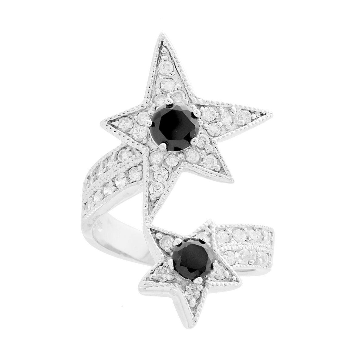 Anello Contrarie Stelle con Zircone Nero e Cubic Zirconia Bianchi in ARGENTO 925 Galvanica Rodio