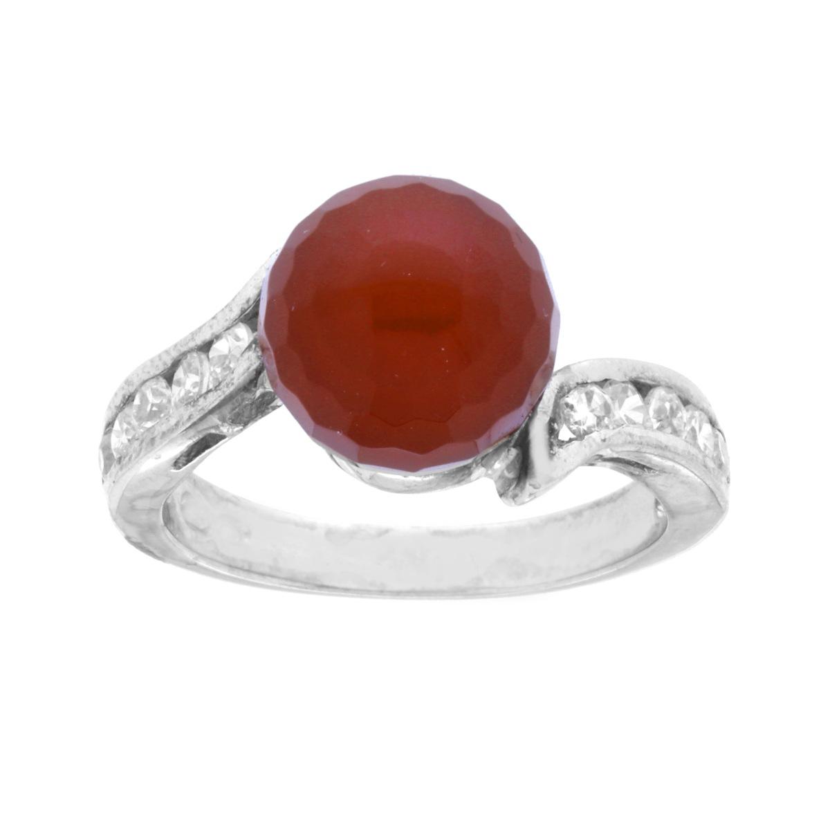 Anello con Pietra Corniola Sferica con Zirconi Bianchi in ARGENTO 925 Galvanica Rodio