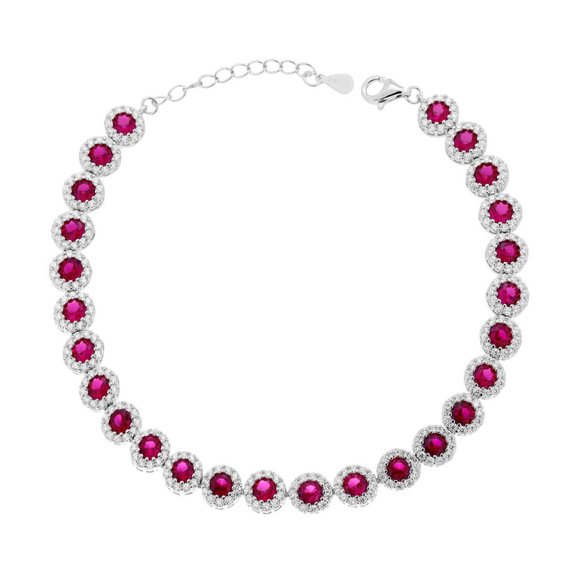 Bracciale Tennis Griffe cm 18+3 Fiore con Cubic Zirconia Rosso Rubino contornato da Cubic Zirconia Bianchi in ARGENTO 925 Galvanica Rodio