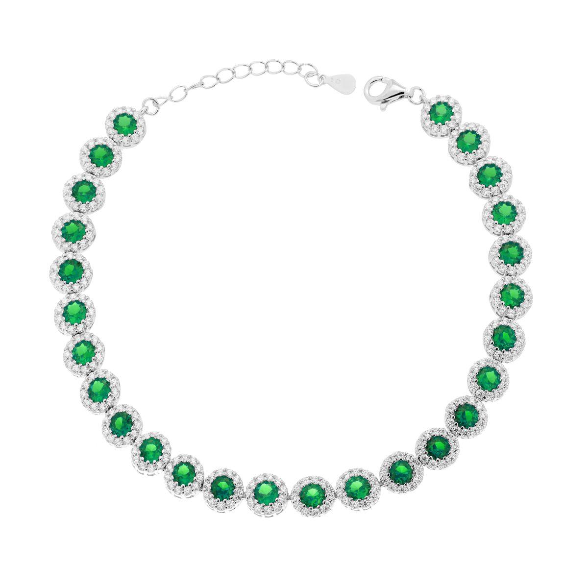 Bracciale Tennis Griffe cm 18+3 Fiore con Cubic Zirconia Verde Smeraldo contornato da Cubic Zirconia Bianchi in ARGENTO 925 Galvanica Rodio