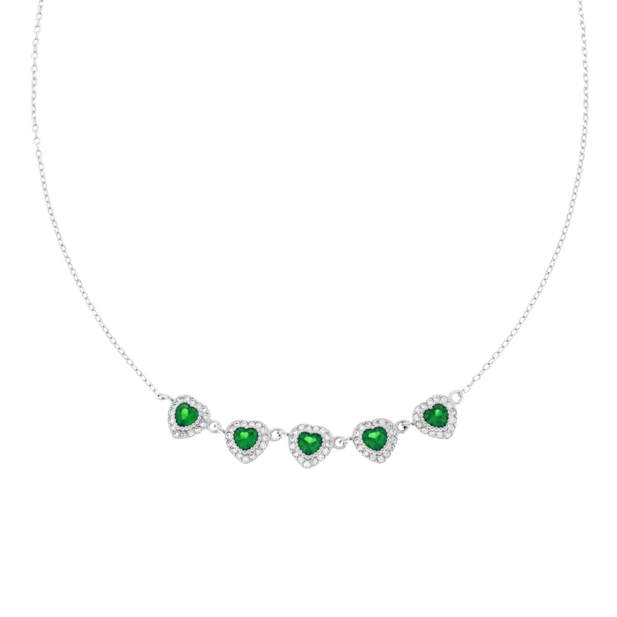 Collana Catena Forzatina Diamantata Cuori con Cubic Zirconia Verde Smeraldo contornati da Cubic Zirconia Bianchi in ARGENTO 925 Galvanica Rodio