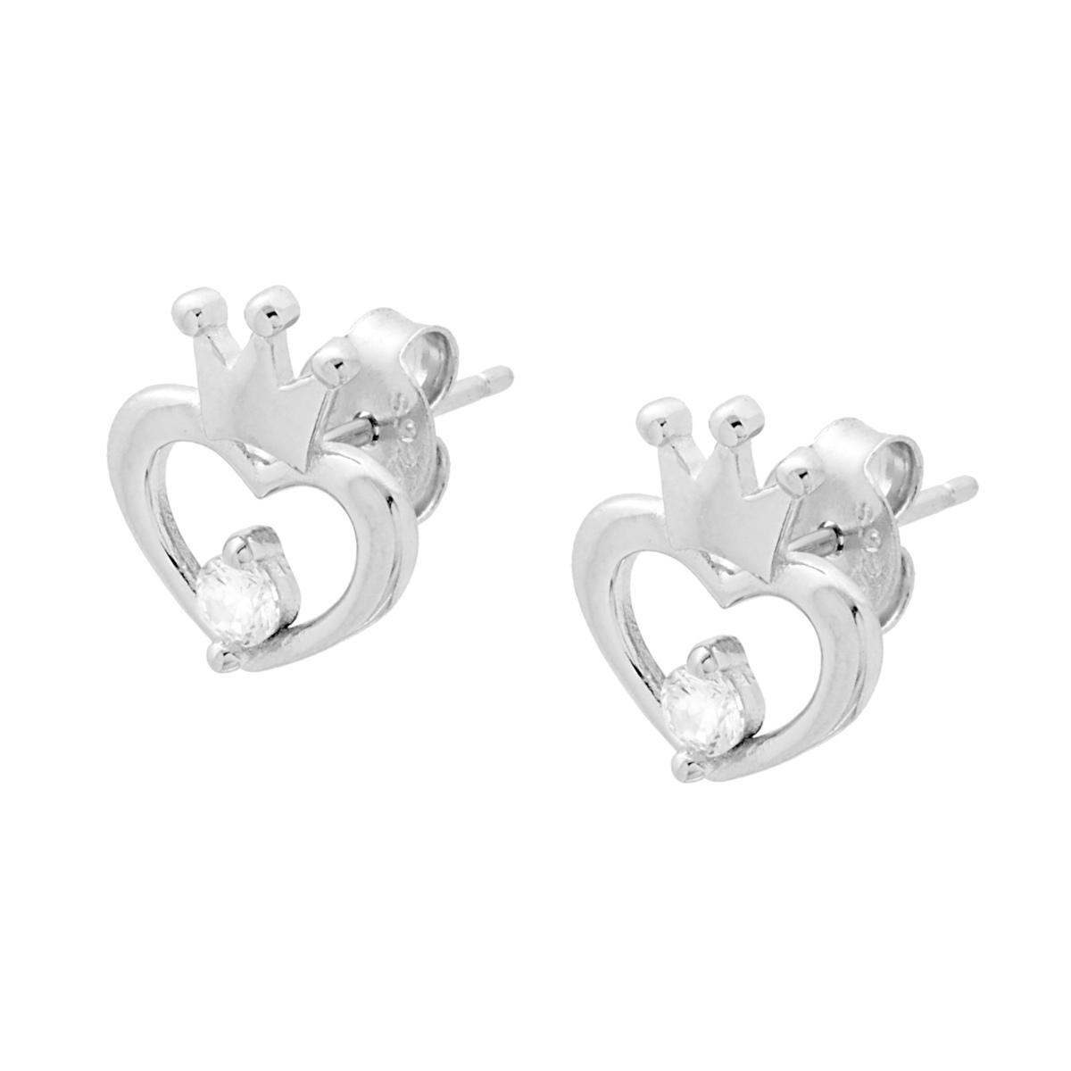 Orecchini Cuore con Corona e Cubic Zirconia Bianco in ARGENTO 925 Galvanica Rodio