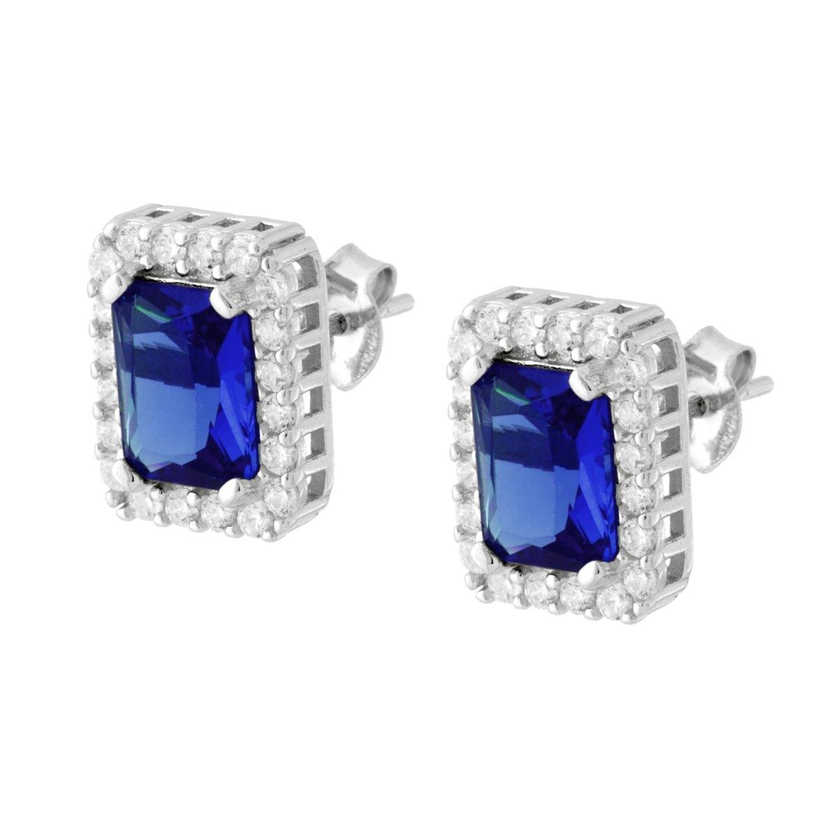 Orecchini Rettangolari con Cubic Zirconia Blu Zaffiro contornato da Cubic Zirconia Bianchi in ARGENTO 925 Galvanica Rodio