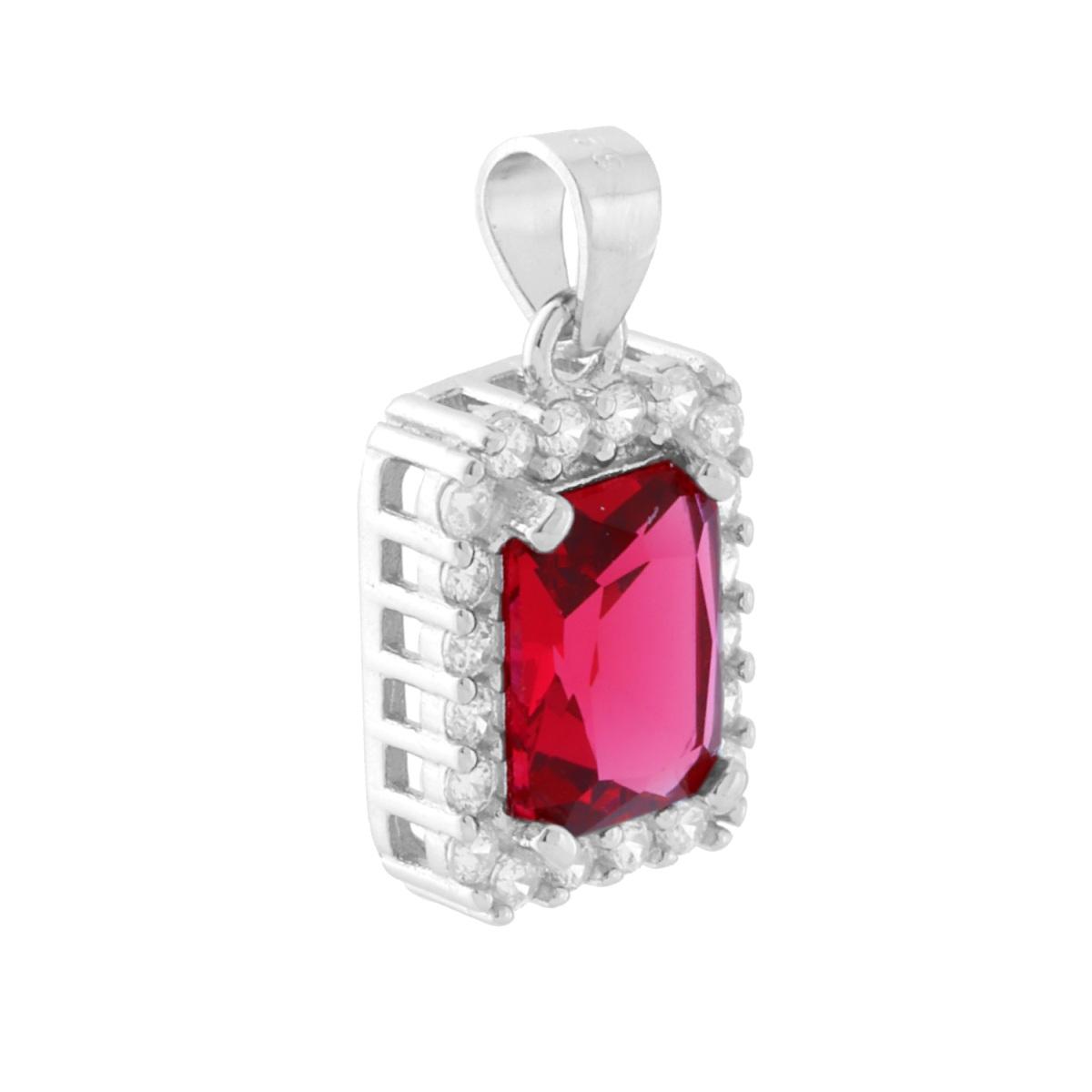 Ciondolo Rettangolare con Cubic Zirconia Rosso Rubino contornato da Cubic Zirconia Bianchi in ARGENTO 925 Galvanica Rodio