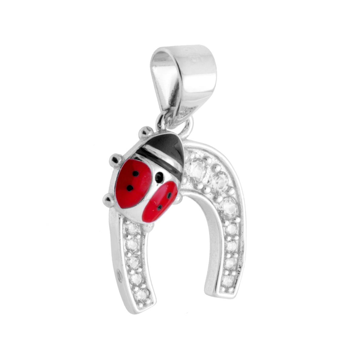 Ciondolo Ferro di Cavallo con Cubic Zirconia Bianchi e Coccinella Smalto Rosso Portafortuna in ARGENTO 925 Galvanica Rodio