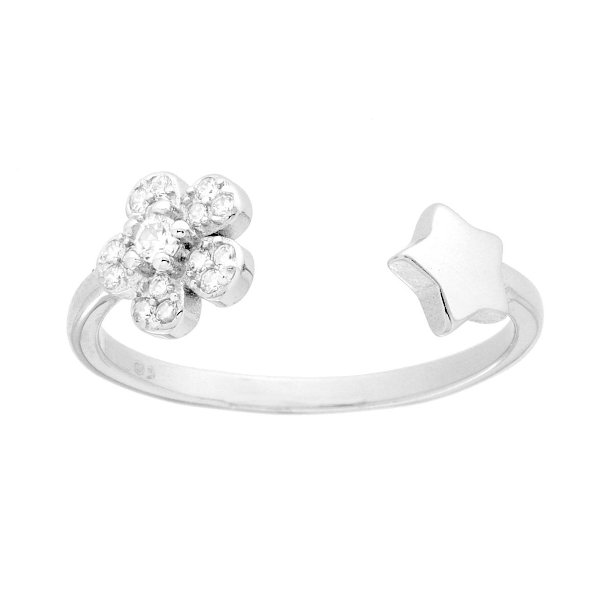 Anello Contrarie Fiore con Zirconi Bianchi e Stella plain in ARGENTO 925 Galvanica Rodio