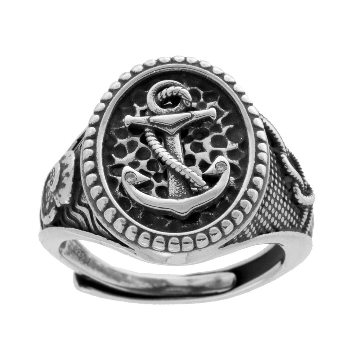 Anello Chevalier Ovale con Ancora e decorazione marinara laterale in ARGENTO 925 Galvanica Rodio Brunito