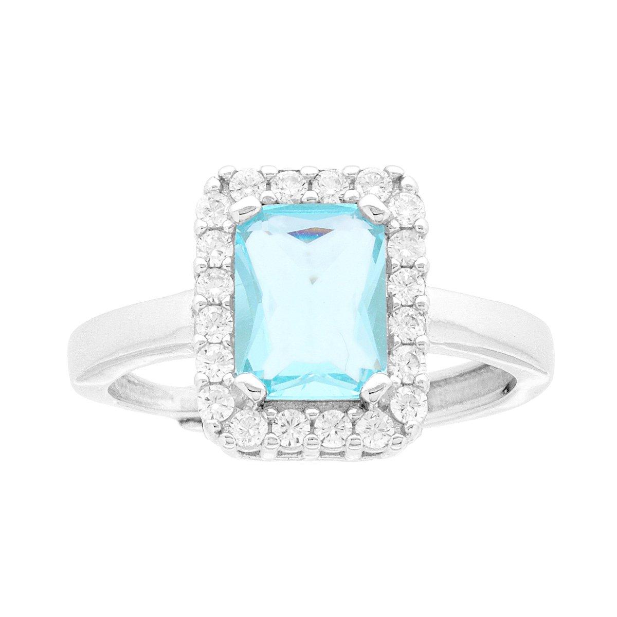 Anello Halo Solitario Rettangolare Zircone Acquamarina contornato da Zirconi Bianchi in ARGENTO 925 Galvanica Rodio