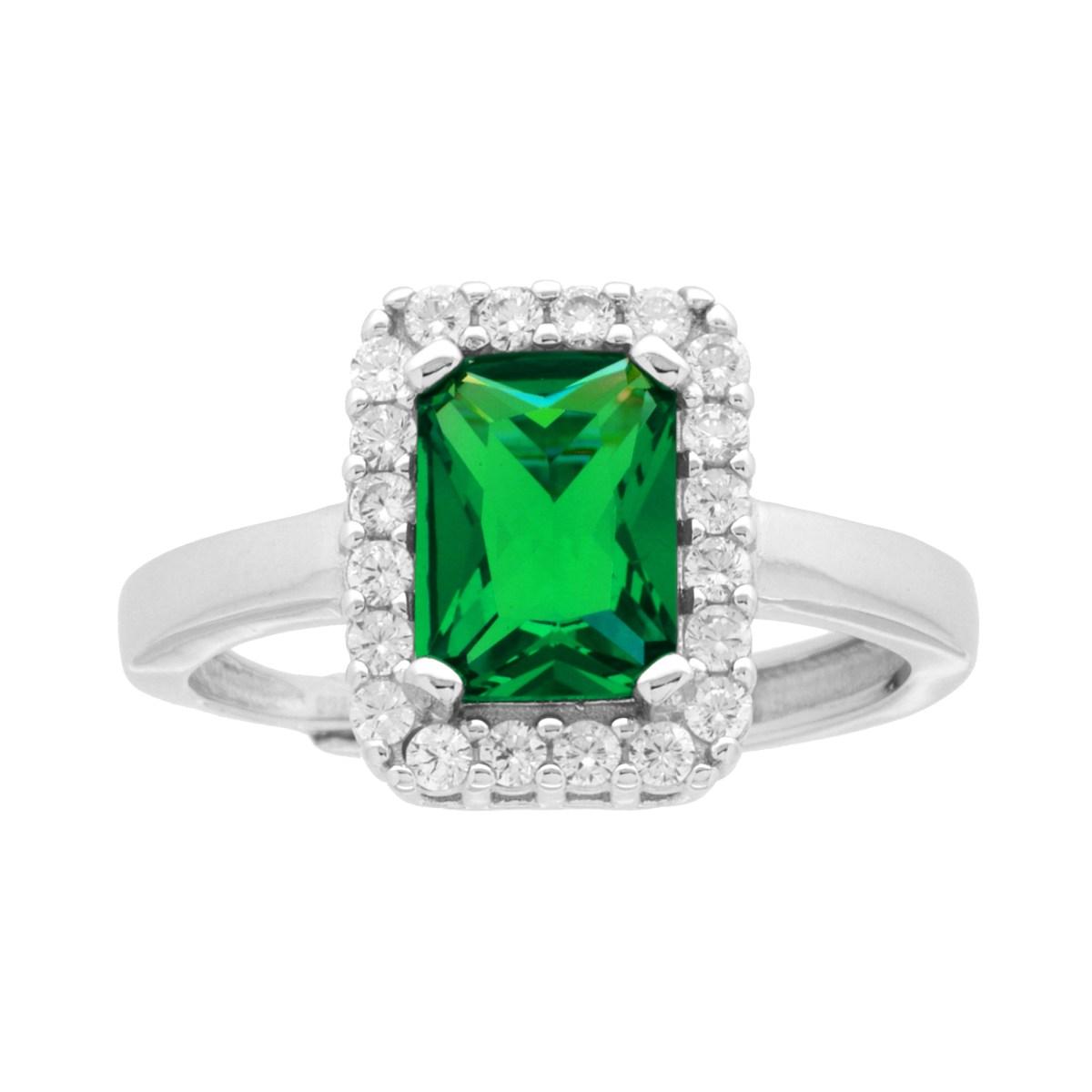 Anello Halo Solitario Rettangolare Zircone Verde Smeraldo contornato da Zirconi Bianchi in ARGENTO 925 Galvanica Rodio