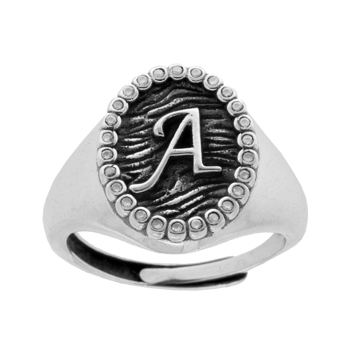 Anello Chevalier Ovale con Lettera in Rilievo e Zirconi Bianchi in ARGENTO 925 Galvanica Rodio Brunito