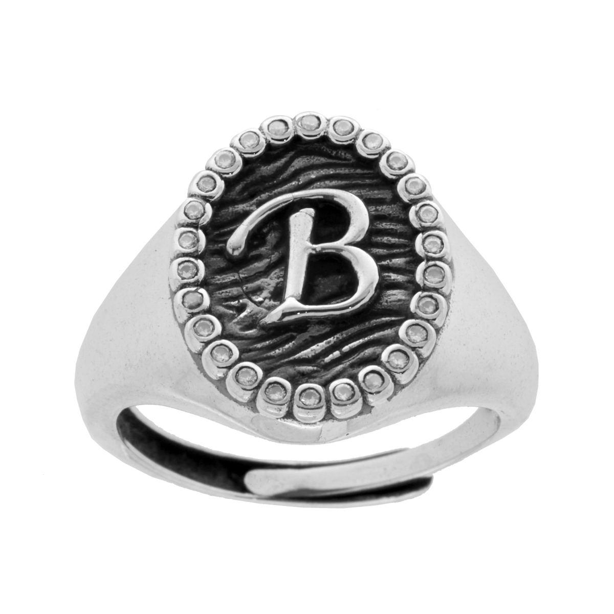 Anello Chevalier Ovale con Lettera in Rilievo e Zirconi Bianchi in ARGENTO 925 Galvanica Rodio Brunito
