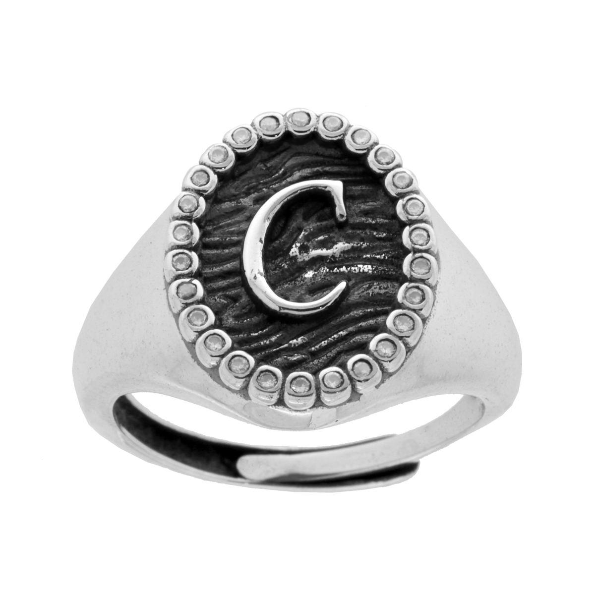 Anello Chevalier Ovale con Lettera in Rilievo e Zirconi Bianchi in ARGENTO 925 Galvanica Rodio Brunito
