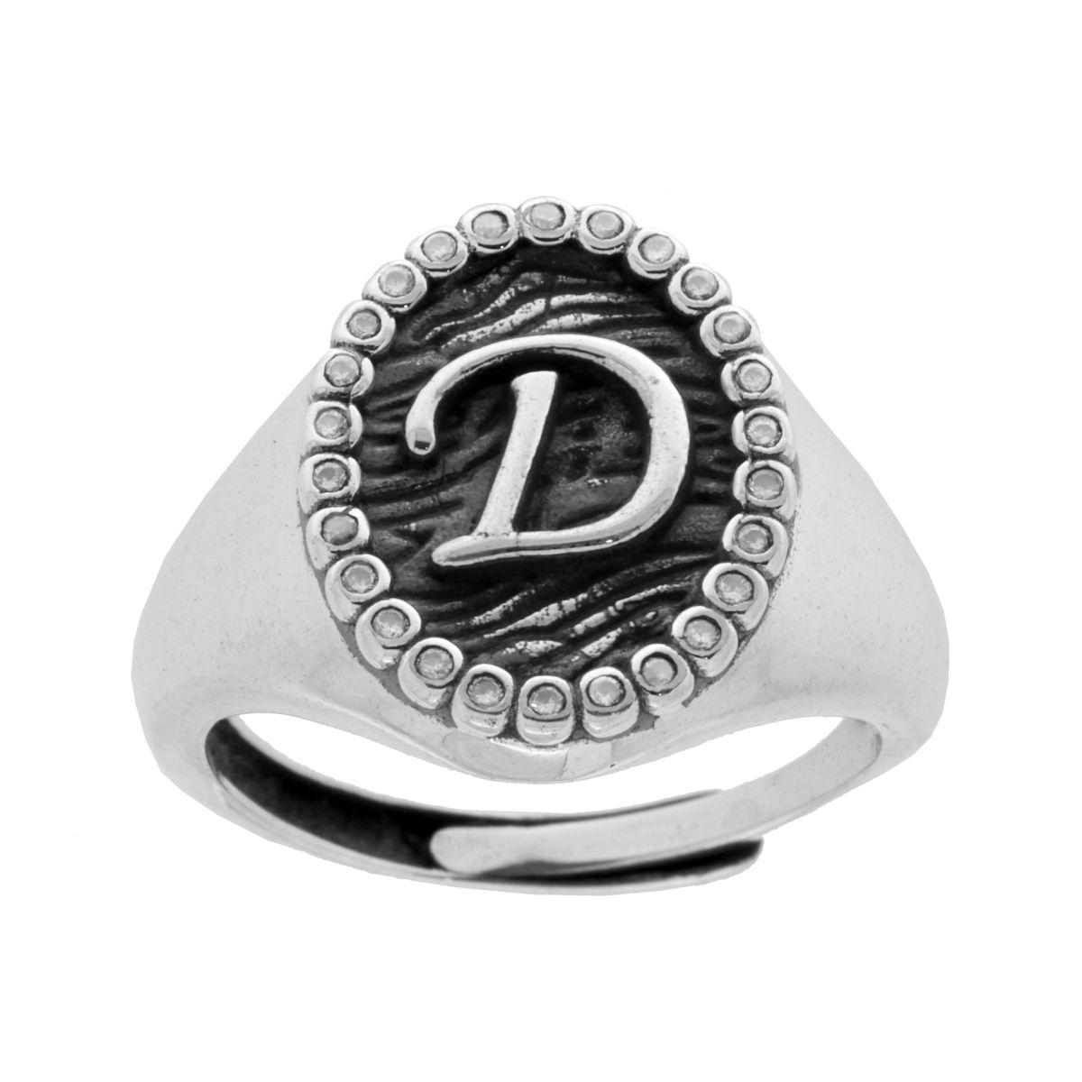 Anello Chevalier Ovale con Lettera in Rilievo e Zirconi Bianchi in ARGENTO 925 Galvanica Rodio Brunito