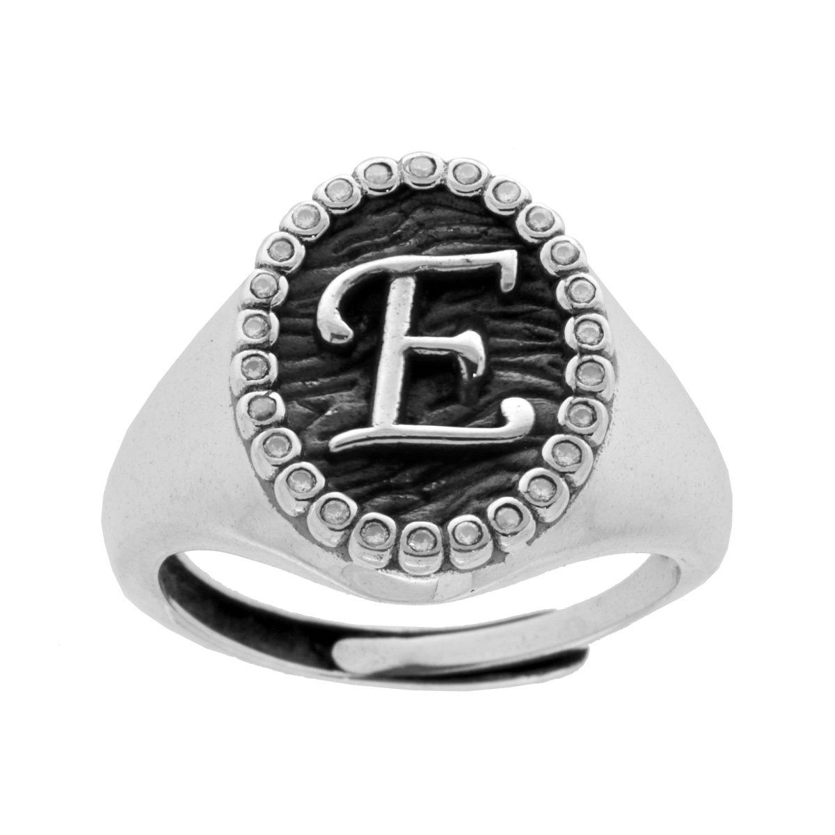 Anello Chevalier Ovale con Lettera in Rilievo e Zirconi Bianchi in ARGENTO 925 Galvanica Rodio Brunito