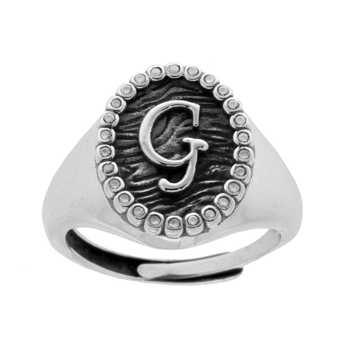 Anello Chevalier Ovale con Lettera in Rilievo e Zirconi Bianchi in ARGENTO 925 Galvanica Rodio Brunito