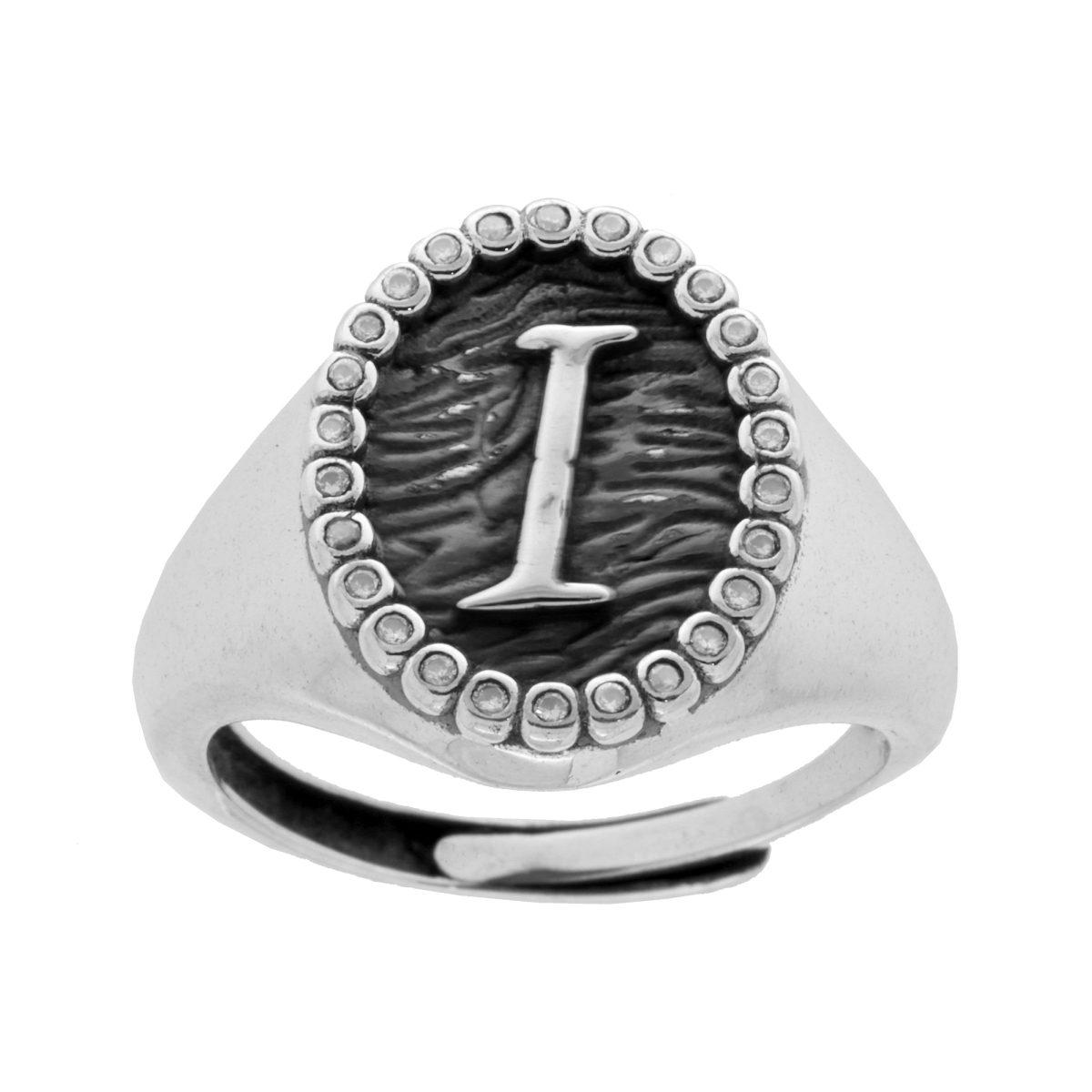 Anello Chevalier Ovale con Lettera in Rilievo e Zirconi Bianchi in ARGENTO 925 Galvanica Rodio Brunito