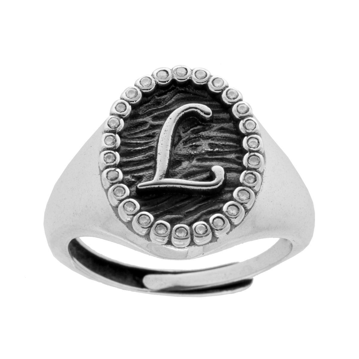 Anello Chevalier Ovale con Lettera in Rilievo e Zirconi Bianchi in ARGENTO 925 Galvanica Rodio Brunito