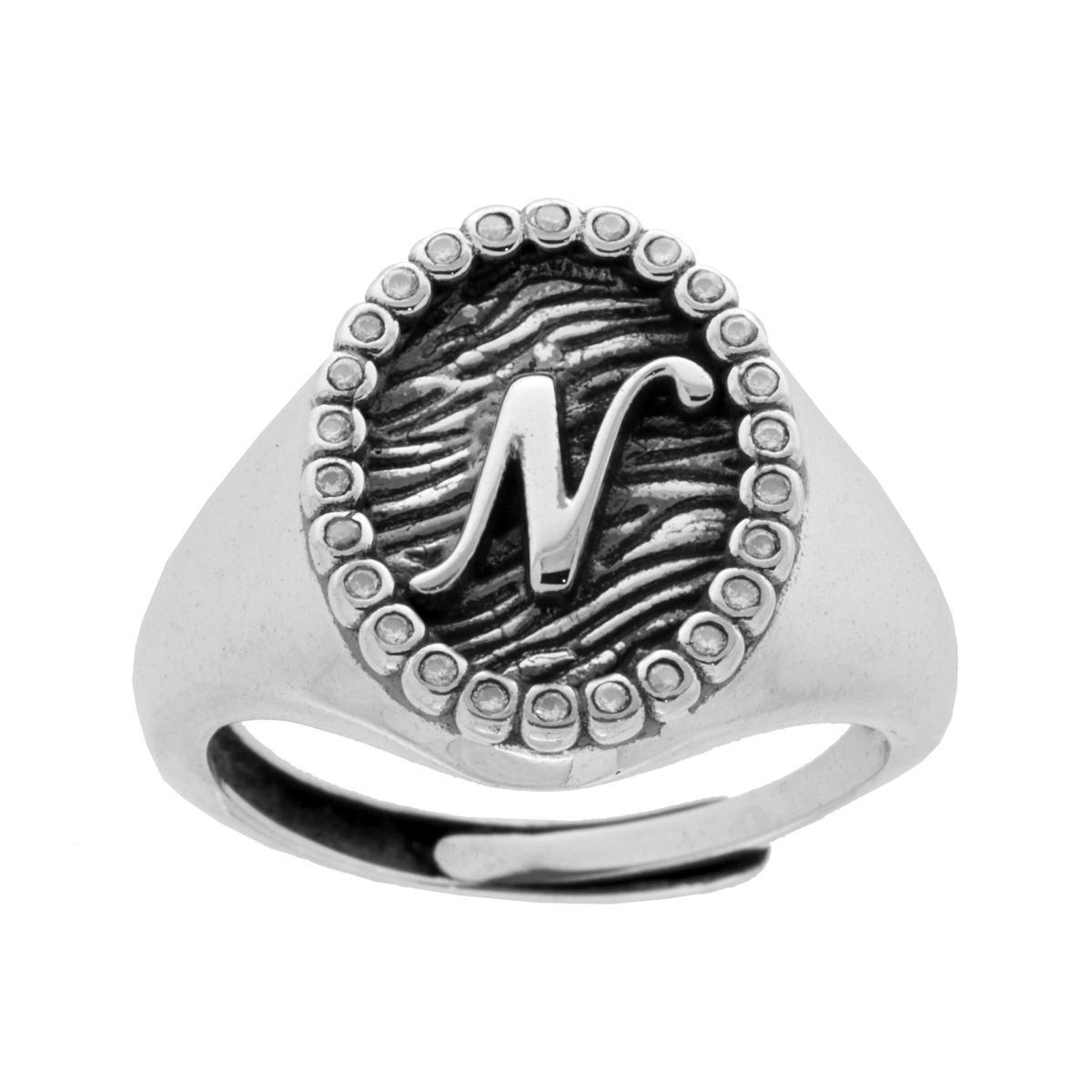 Anello Chevalier Ovale con Lettera in Rilievo e Zirconi Bianchi in ARGENTO 925 Galvanica Rodio Brunito