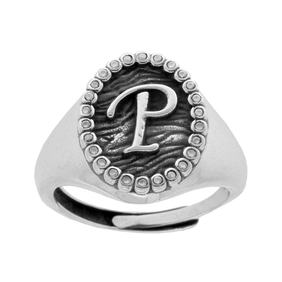 Anello Chevalier Ovale con Lettera in Rilievo e Zirconi Bianchi in ARGENTO 925 Galvanica Rodio Brunito