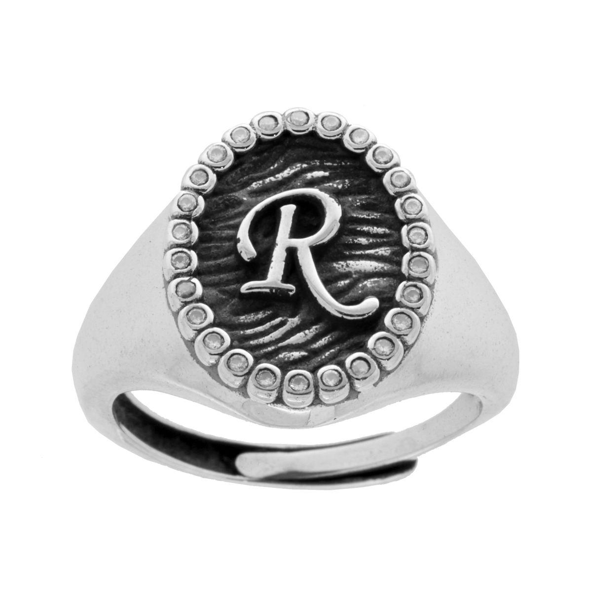 Anello Chevalier Ovale con Lettera in Rilievo e Zirconi Bianchi in ARGENTO 925 Galvanica Rodio Brunito