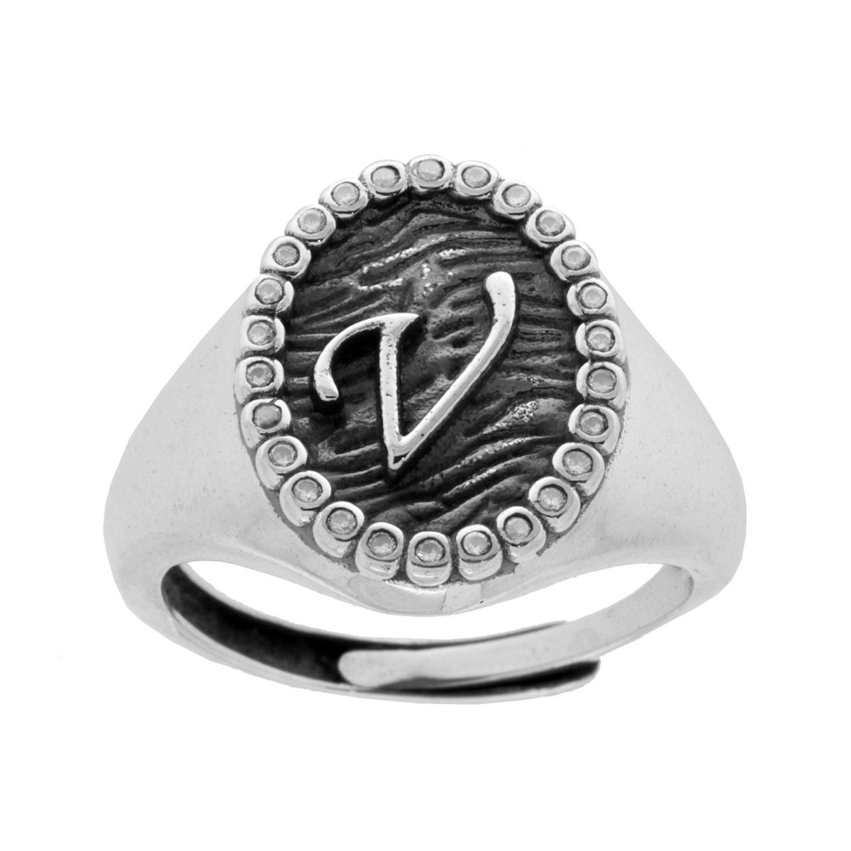 Anello Chevalier Ovale con Lettera in Rilievo e Zirconi Bianchi in ARGENTO 925 Galvanica Rodio Brunito
