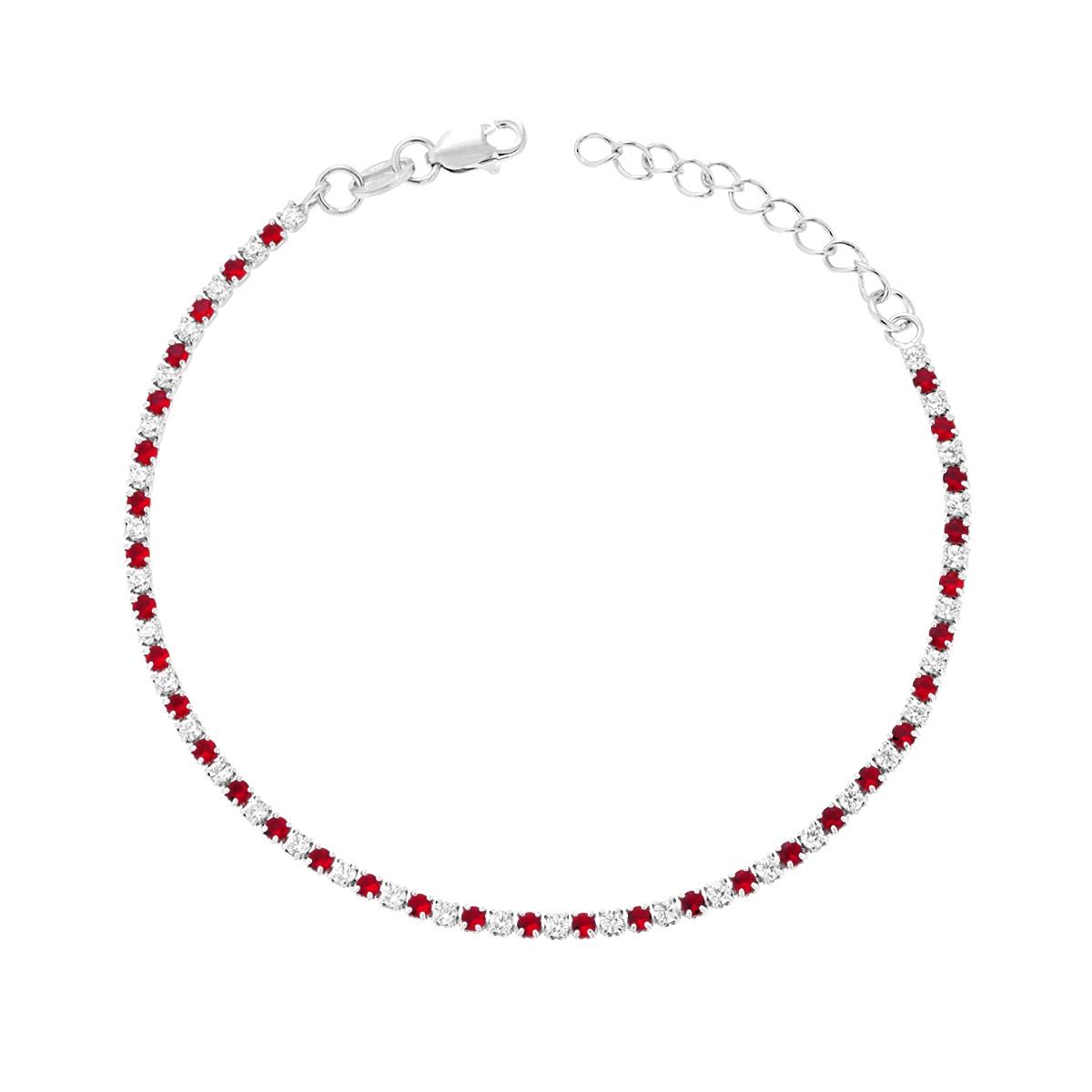 Bracciale Tennis Griffe cm 16+3 con Zirconi mm 1.7 alternati Bianchi e Rosso Rubino in ARGENTO 925 Galvanica Rodio