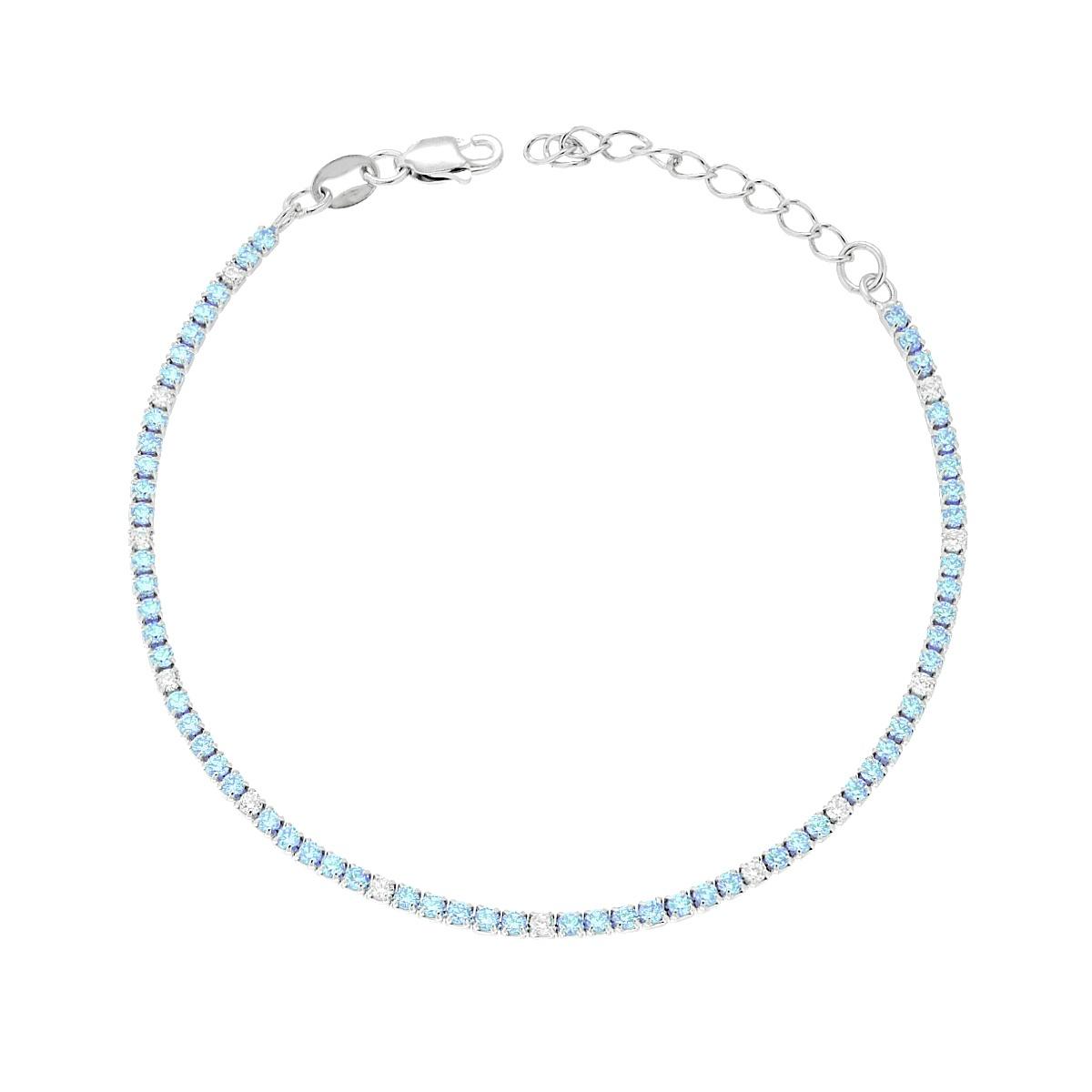 Bracciale Tennis Griffe cm 16+3 con Zirconi mm 1.7 alternati Bianchi e Acquamarina in ARGENTO 925 Galvanica Rodio