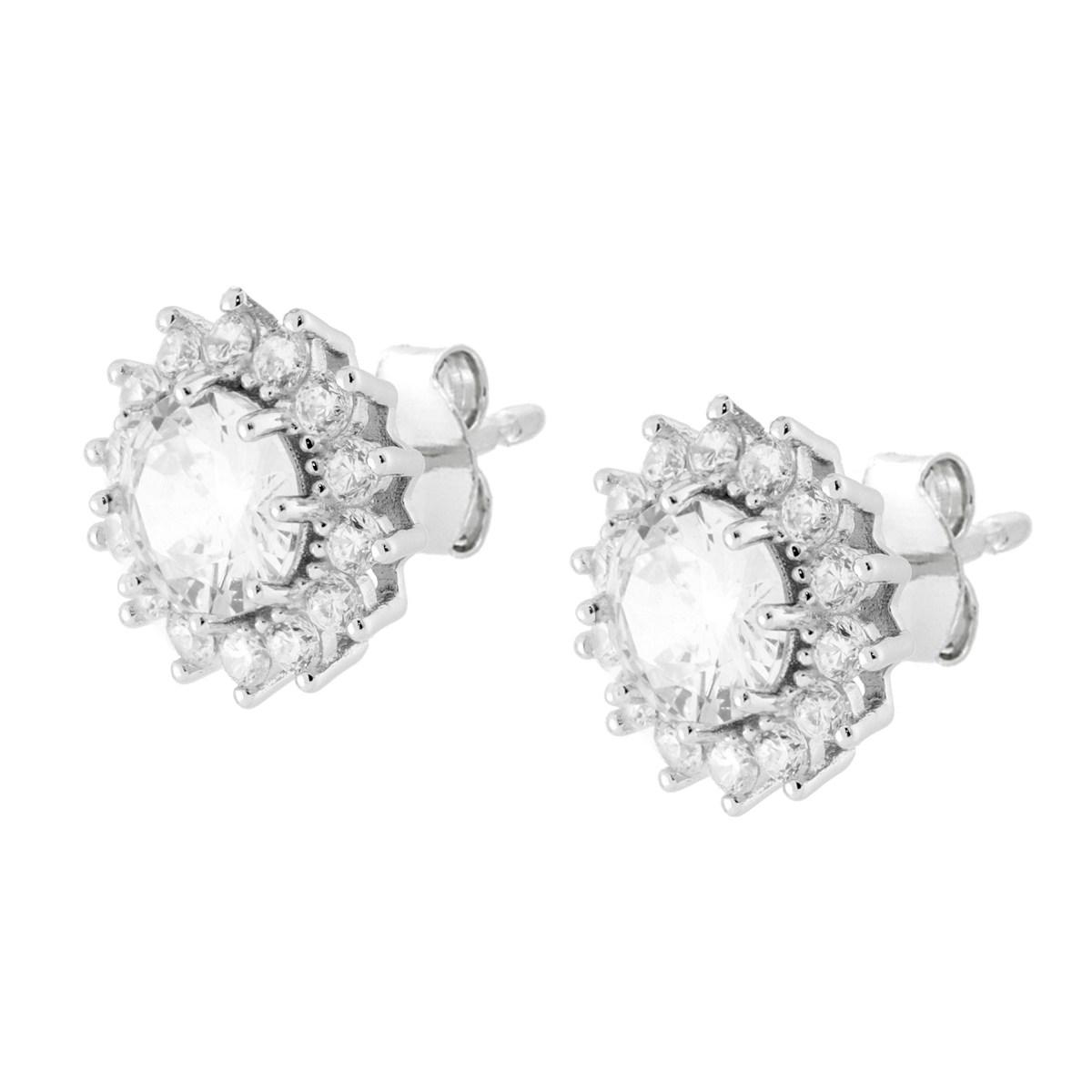 Parure Set Orecchini e Ciondolo Tondo Cubic Zirconia Bianco contornato da Cubic Zirconia Bianchi in ARGENTO 925 Galvanica Rodio