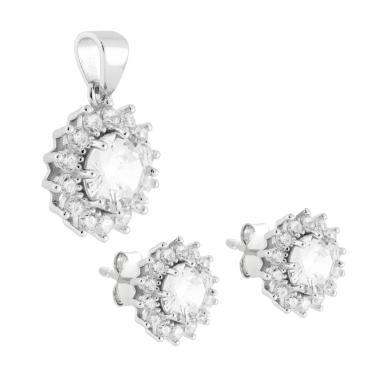 Parure Set Orecchini e Ciondolo Tondo Cubic Zirconia Bianco contornato da Cubic Zirconia Bianchi in ARGENTO 925 Galvanica Rodio